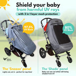 SnoozeShade Plus Deluxe (6m+)  Premium Sunshade & Mosquito Net for Pushchairs Blocks 97.5% UV & Supports Naps