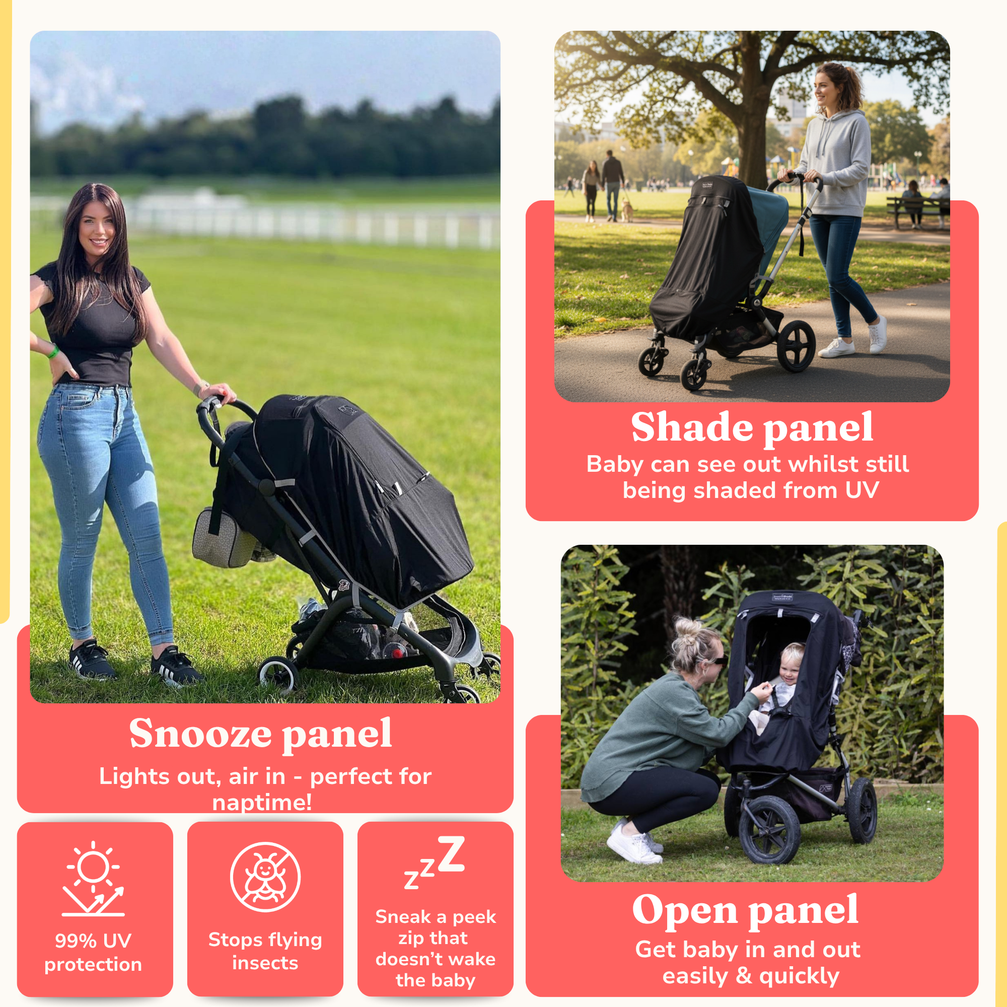 OUT OF STOCK SnoozeShade Plus Extra: sun and sleep shade and mosquito net for buggies and pushchairs