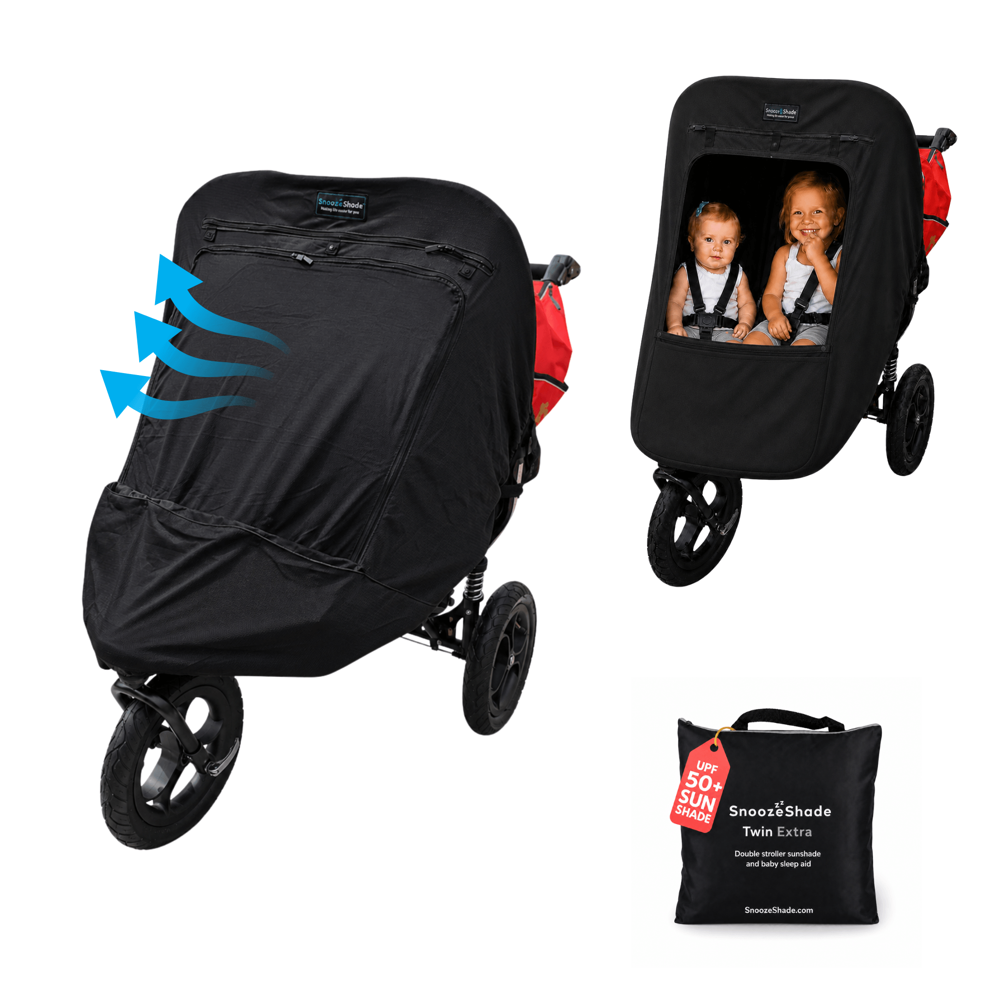 double stroller sun shade SnoozeShade Twin Extra | double pram and buggy sun shade