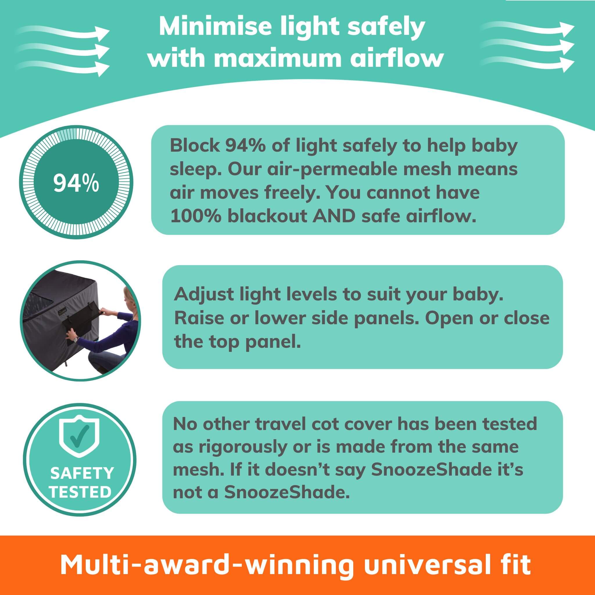 SnoozeShade for Travel Cots Airpermeable blackout canopy SnoozeShade