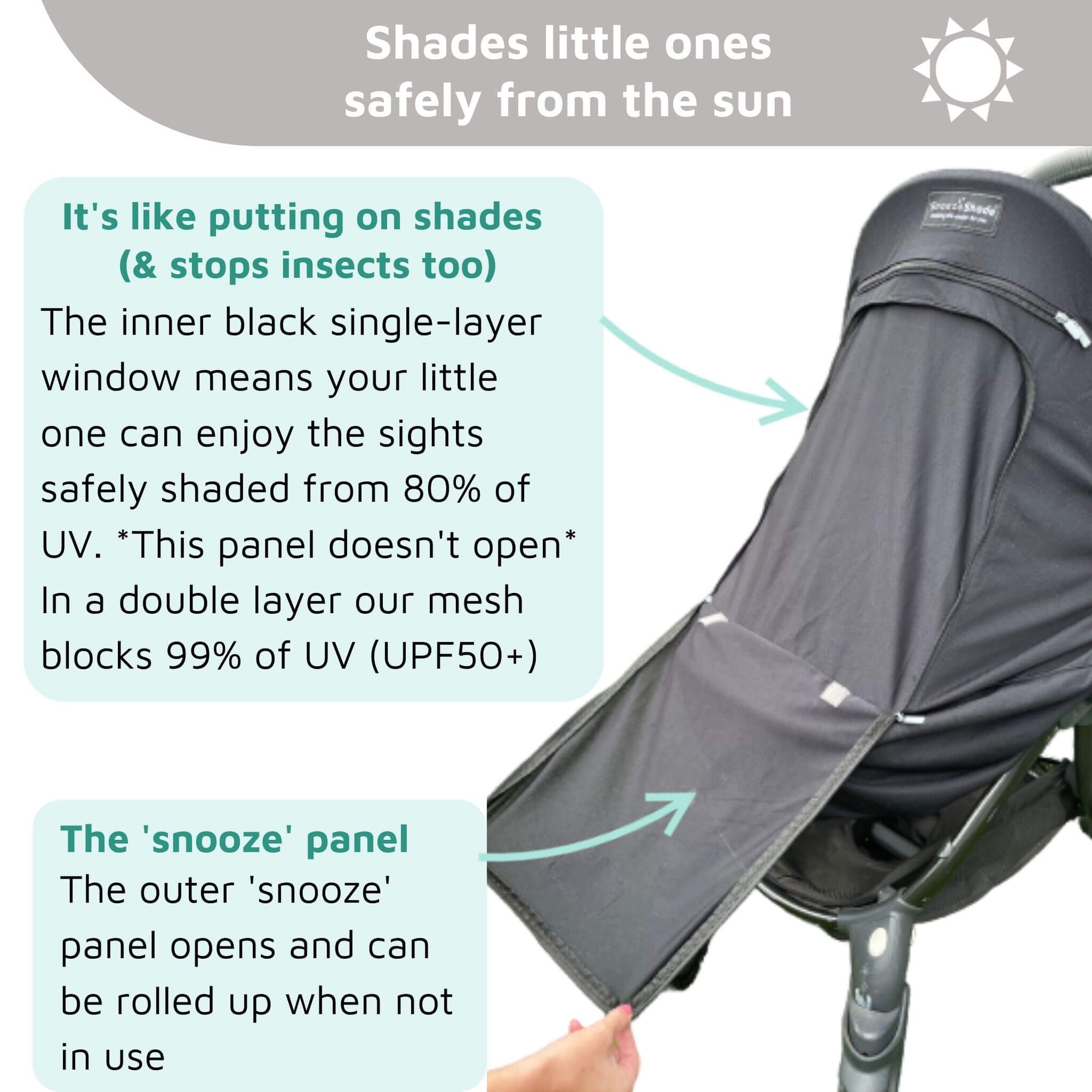 SnoozeShade Plus (6m+) | Universal-fit pushchair/buggy sun and sleep shade