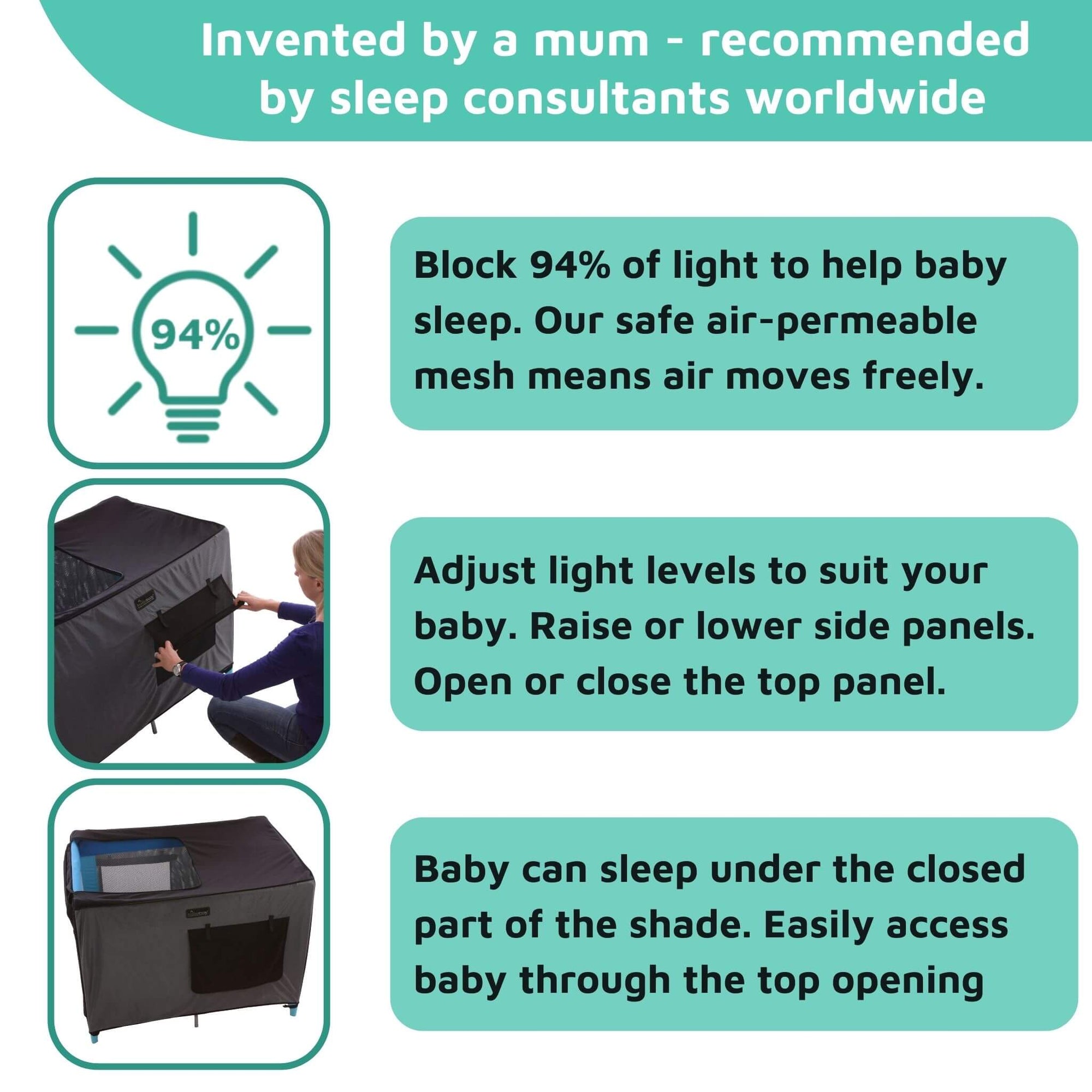 SnoozeShade for Travel Cots | Travel cot blackout canopy | Air-permeable mesh blocks 94% of light